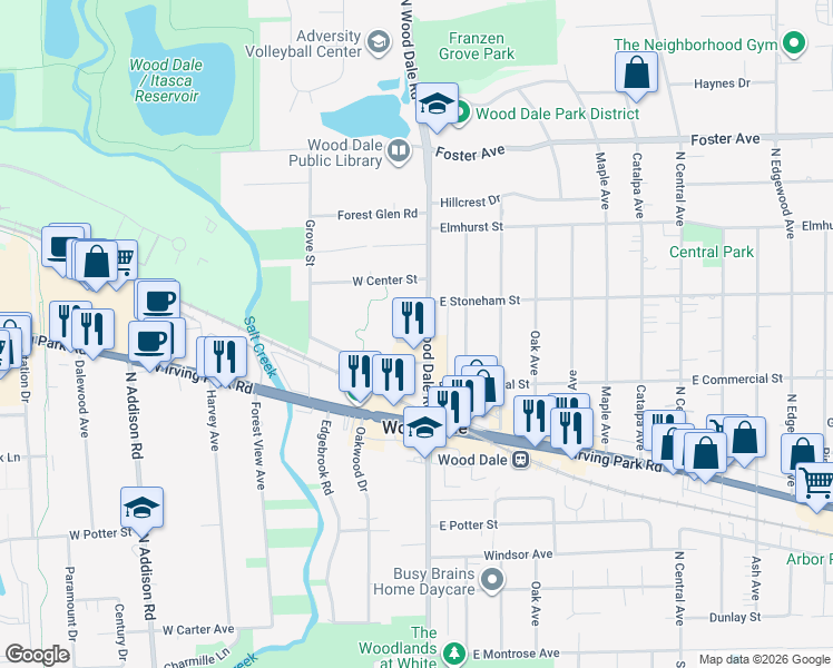 map of restaurants, bars, coffee shops, grocery stores, and more near 372 North Wood Dale Road in Wood Dale