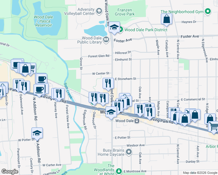map of restaurants, bars, coffee shops, grocery stores, and more near 372 North Wood Dale Road in Wood Dale