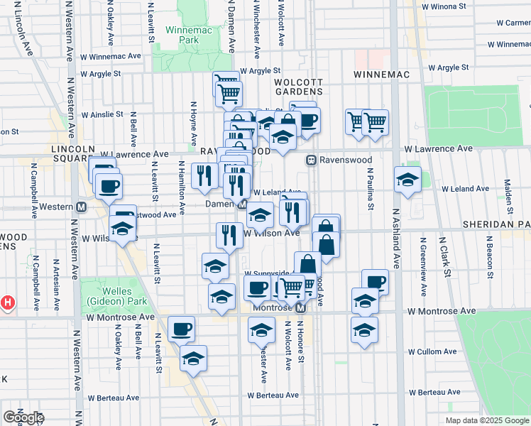 map of restaurants, bars, coffee shops, grocery stores, and more near 4629 North Winchester Avenue in Chicago