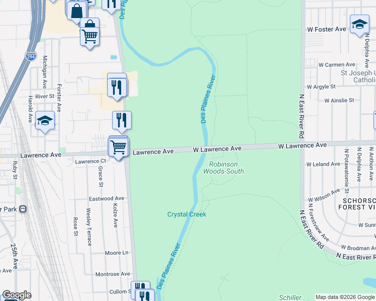 map of restaurants, bars, coffee shops, grocery stores, and more near W Lawrence Ave & Lawrence Ave in Chicago
