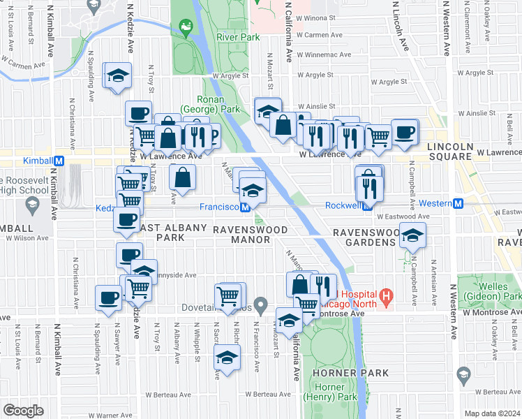 map of restaurants, bars, coffee shops, grocery stores, and more near 4659 North Manor Avenue in Chicago