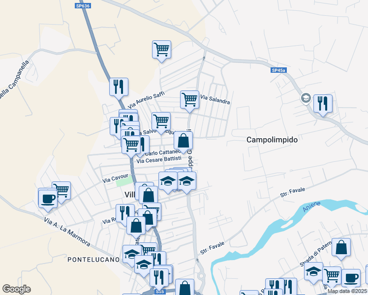 map of restaurants, bars, coffee shops, grocery stores, and more near 82A Via Cesare Battisti in Villanova