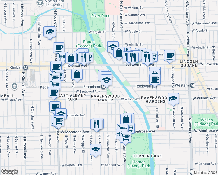 map of restaurants, bars, coffee shops, grocery stores, and more near 4651 North Manor Avenue in Chicago
