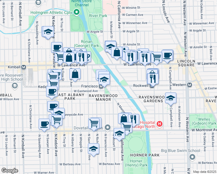 map of restaurants, bars, coffee shops, grocery stores, and more near 4649 North Manor Avenue in Chicago