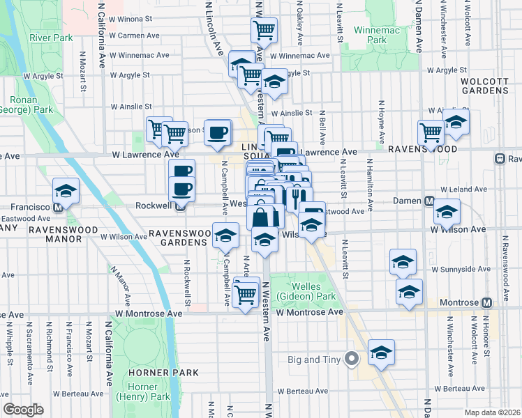 map of restaurants, bars, coffee shops, grocery stores, and more near 4640 North Western Avenue in Chicago