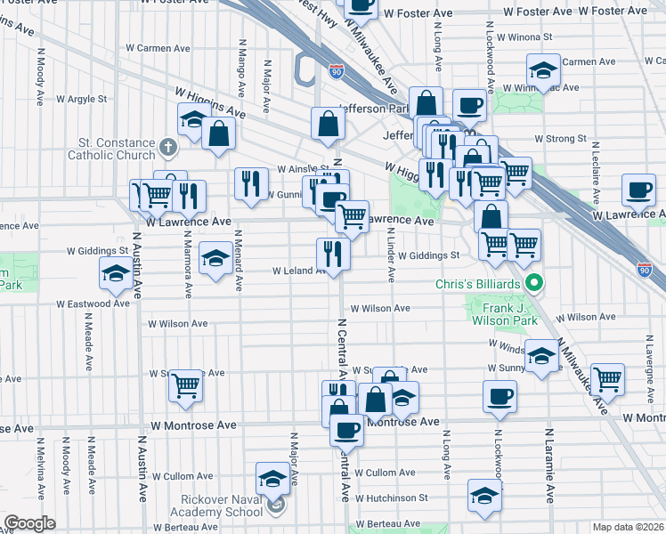 map of restaurants, bars, coffee shops, grocery stores, and more near 4700 North Central Avenue in Chicago