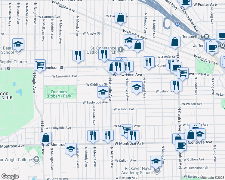 map of restaurants, bars, coffee shops, grocery stores, and more near 5959 West Leland Avenue in Chicago