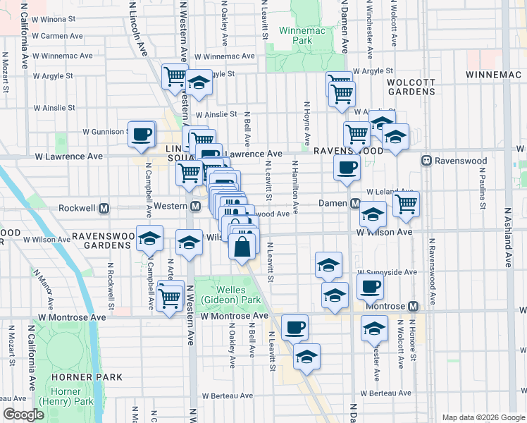 map of restaurants, bars, coffee shops, grocery stores, and more near 4612 North Leavitt Street in Chicago