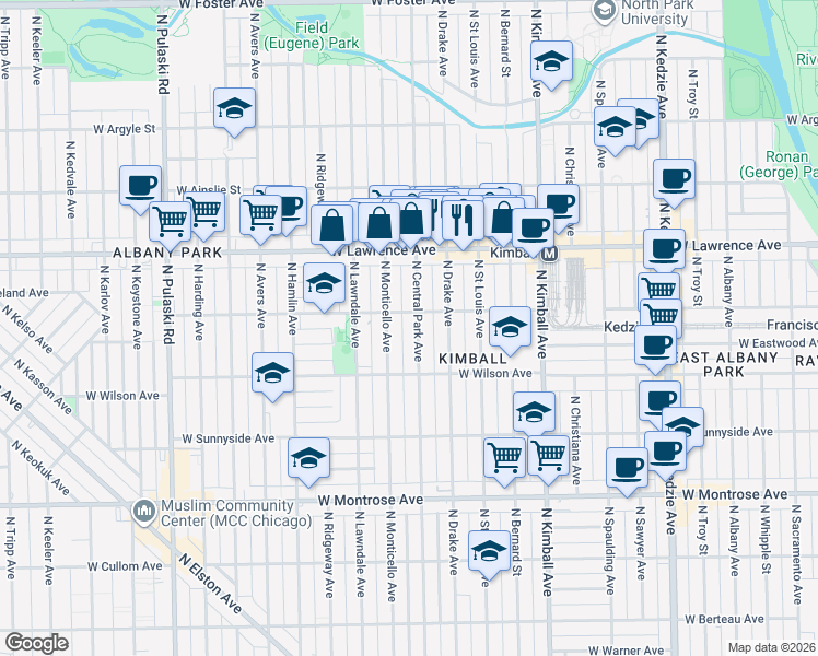 map of restaurants, bars, coffee shops, grocery stores, and more near 4624 North Central Park Avenue in Chicago
