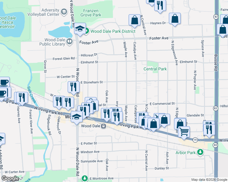 map of restaurants, bars, coffee shops, grocery stores, and more near 352 Cedar Avenue in Wood Dale