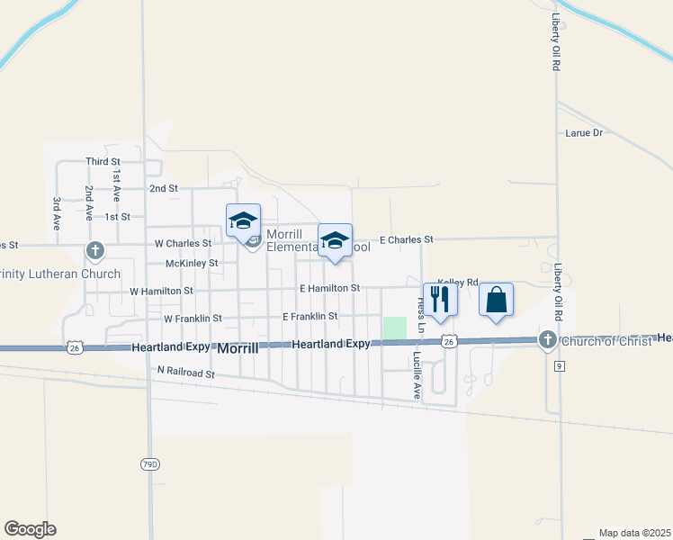 map of restaurants, bars, coffee shops, grocery stores, and more near 411 East Hamilton Street in Morrill
