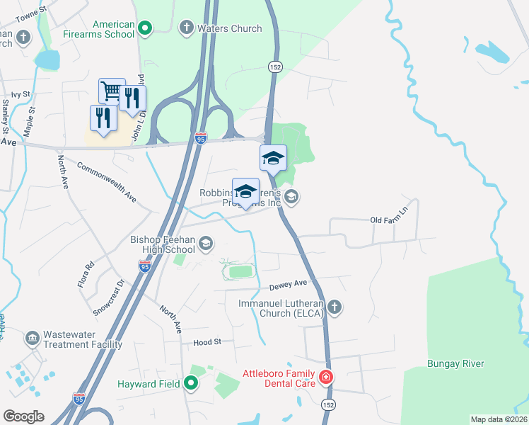 map of restaurants, bars, coffee shops, grocery stores, and more near 28 Holcott Drive in Attleboro