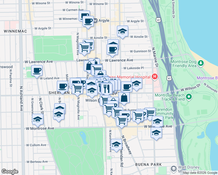 map of restaurants, bars, coffee shops, grocery stores, and more near 4616 North Kenmore Avenue in Chicago