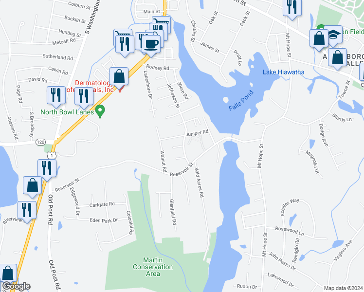 map of restaurants, bars, coffee shops, grocery stores, and more near 17 Basswood Avenue in North Attleborough