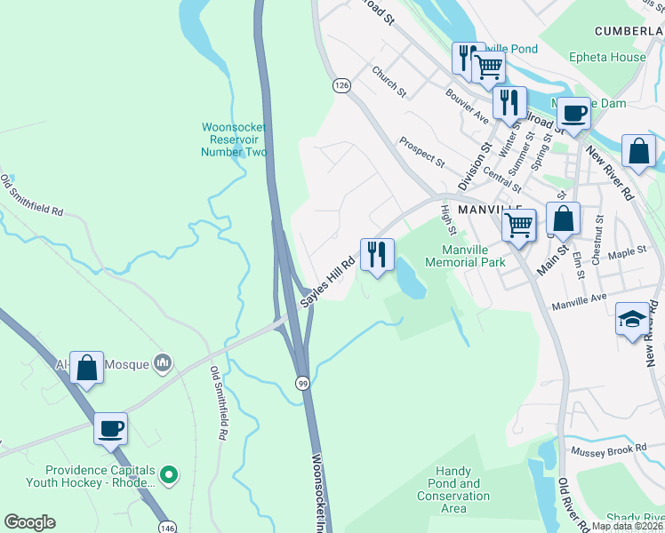 map of restaurants, bars, coffee shops, grocery stores, and more near 98 Sayles Hill Road in Lincoln