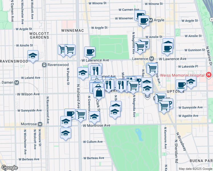 map of restaurants, bars, coffee shops, grocery stores, and more near 1352 West Wilson Avenue in Chicago