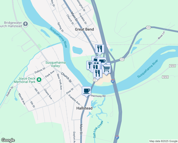 map of restaurants, bars, coffee shops, grocery stores, and more near 364 U.S. 11 in Hallstead