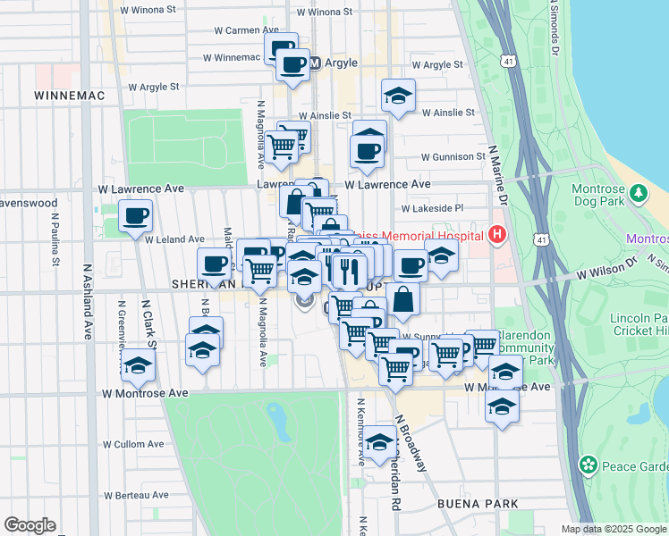 map of restaurants, bars, coffee shops, grocery stores, and more near 1054 West Wilson Avenue in Chicago