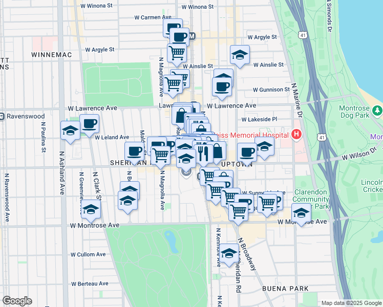 map of restaurants, bars, coffee shops, grocery stores, and more near 1122 West Wilson Avenue in Chicago