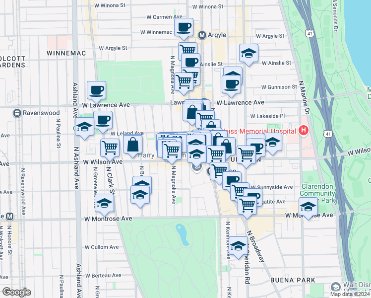 map of restaurants, bars, coffee shops, grocery stores, and more near 1200 West Wilson Avenue in Chicago