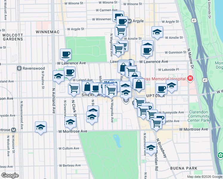 map of restaurants, bars, coffee shops, grocery stores, and more near 4600 North Magnolia Avenue in Chicago