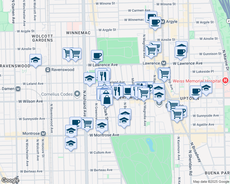 map of restaurants, bars, coffee shops, grocery stores, and more near 1352 West Wilson Avenue in Chicago