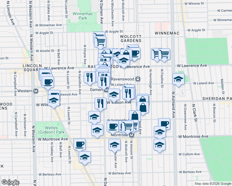 map of restaurants, bars, coffee shops, grocery stores, and more near 4600 North Winchester Avenue in Chicago