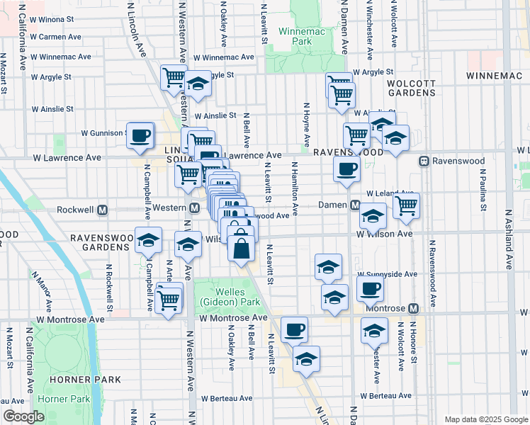 map of restaurants, bars, coffee shops, grocery stores, and more near 4612 North Leavitt Street in Chicago