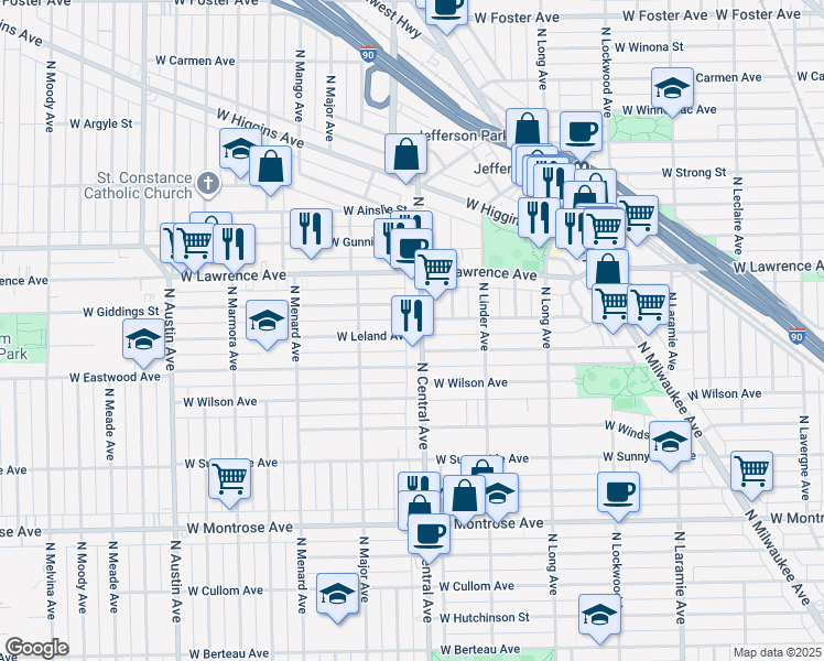 map of restaurants, bars, coffee shops, grocery stores, and more near 5610 West Eastwood Avenue in Chicago
