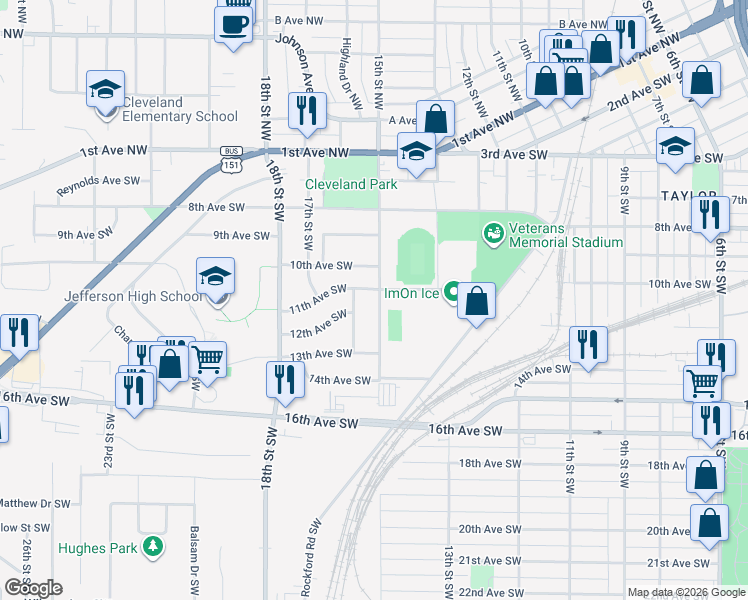 map of restaurants, bars, coffee shops, grocery stores, and more near 1200 15th Street Southwest in Cedar Rapids