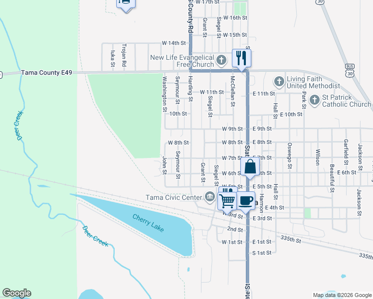 map of restaurants, bars, coffee shops, grocery stores, and more near 400-498 West 7th Street in Tama
