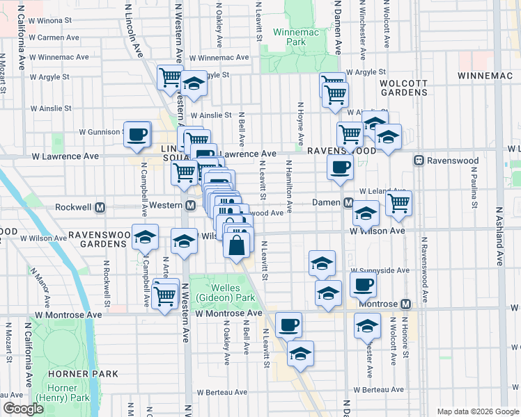 map of restaurants, bars, coffee shops, grocery stores, and more near 4638 North Leavitt Street in Chicago