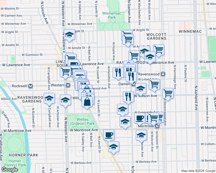 map of restaurants, bars, coffee shops, grocery stores, and more near 2149 West Eastwood Avenue in Chicago
