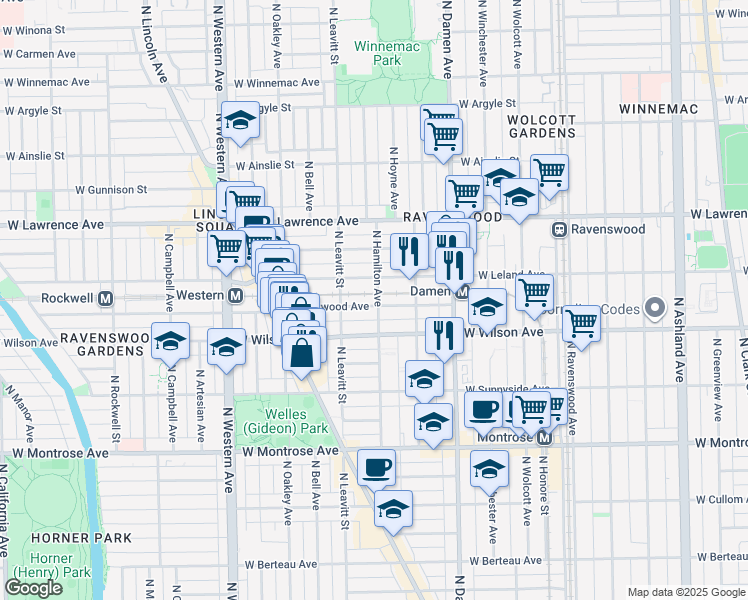 map of restaurants, bars, coffee shops, grocery stores, and more near 2149 West Eastwood Avenue in Chicago