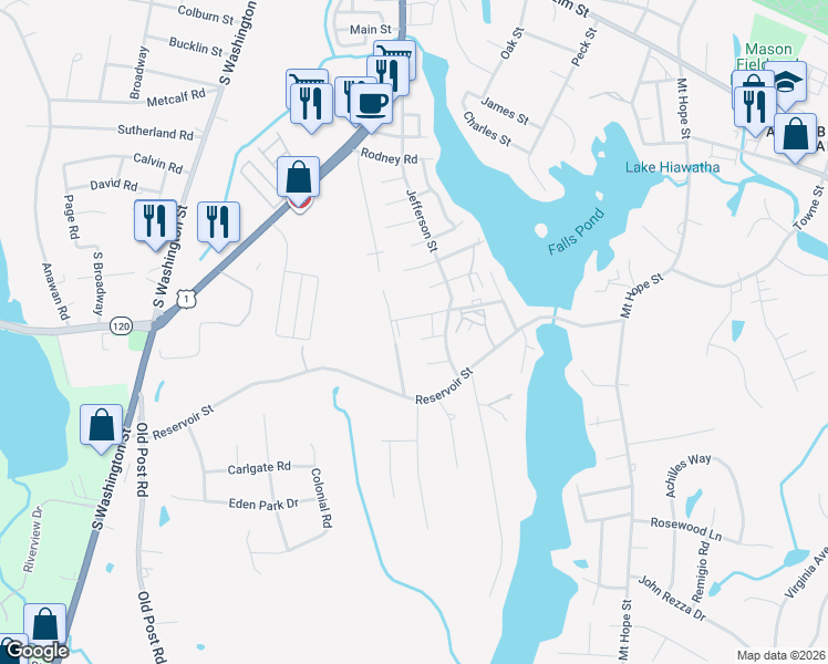 map of restaurants, bars, coffee shops, grocery stores, and more near 50 Juniper Road in North Attleborough