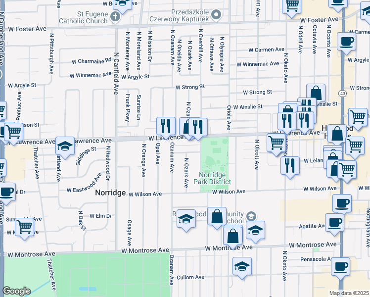 map of restaurants, bars, coffee shops, grocery stores, and more near 4713 North Ozark Avenue in Norridge