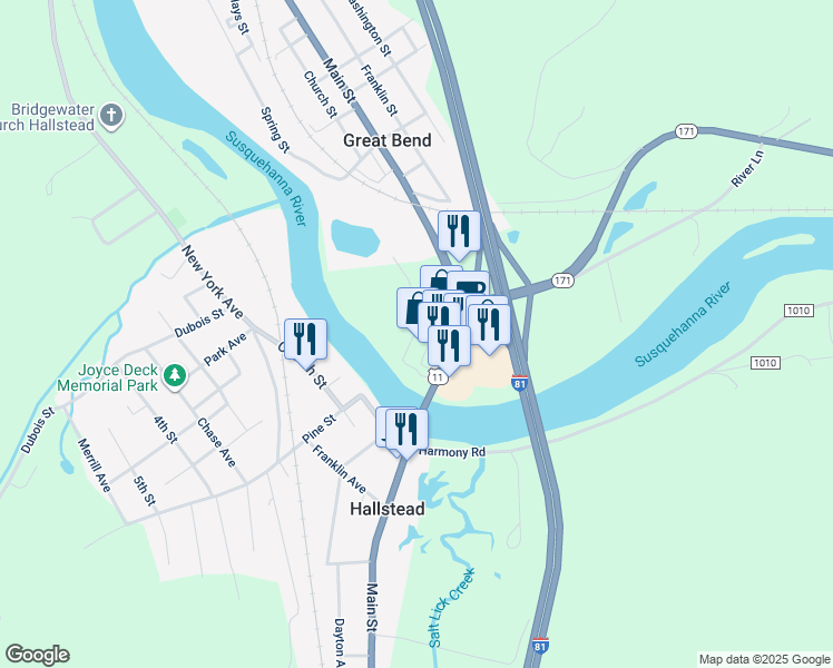 map of restaurants, bars, coffee shops, grocery stores, and more near 364 U.S. 11 in Hallstead