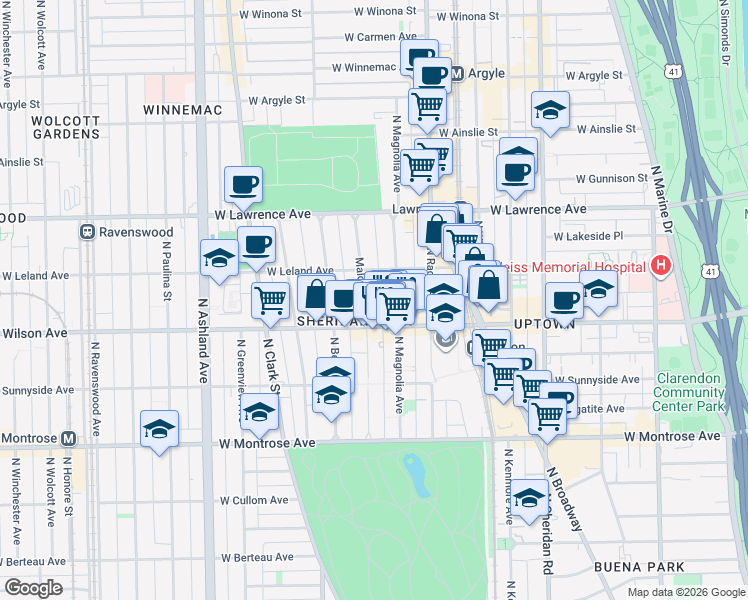 map of restaurants, bars, coffee shops, grocery stores, and more near 4600 North Magnolia Avenue in Chicago