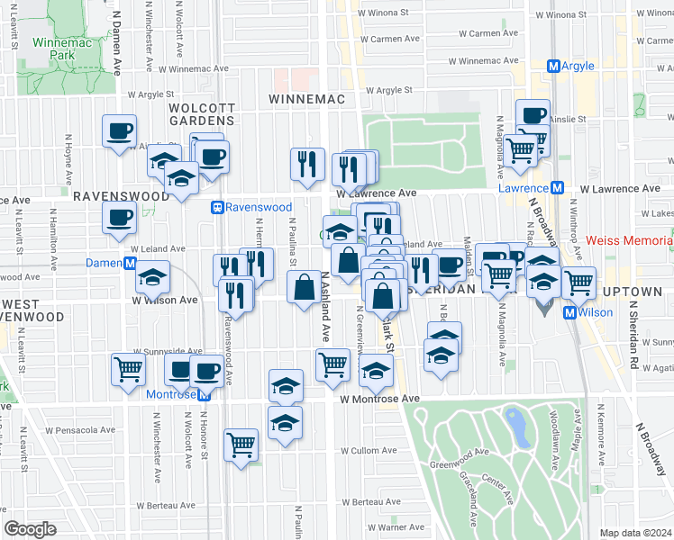 map of restaurants, bars, coffee shops, grocery stores, and more near 1532 West Wilson Avenue in Chicago