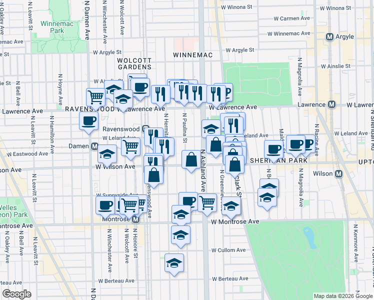 map of restaurants, bars, coffee shops, grocery stores, and more near 4613 North Paulina Street in Chicago