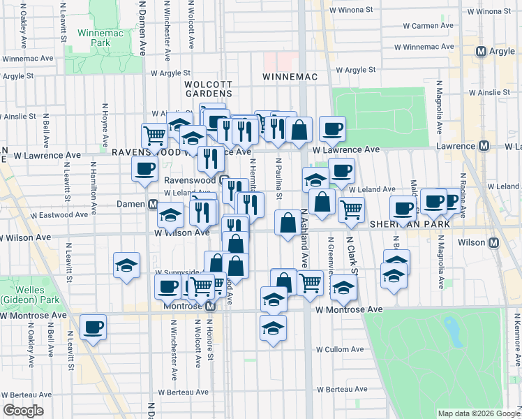 map of restaurants, bars, coffee shops, grocery stores, and more near 4605 North Hermitage Avenue in Chicago