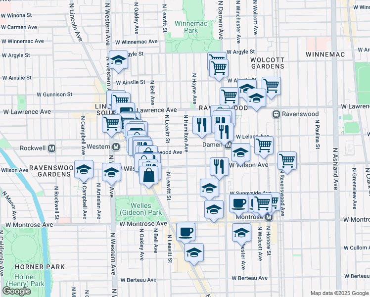 map of restaurants, bars, coffee shops, grocery stores, and more near 2149 West Eastwood Avenue in Chicago