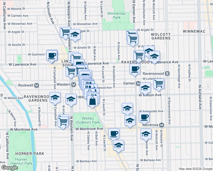 map of restaurants, bars, coffee shops, grocery stores, and more near 4612 North Leavitt Street in Chicago
