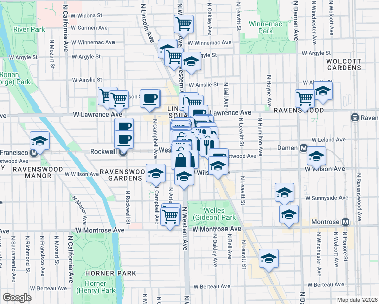 map of restaurants, bars, coffee shops, grocery stores, and more near in Chicago