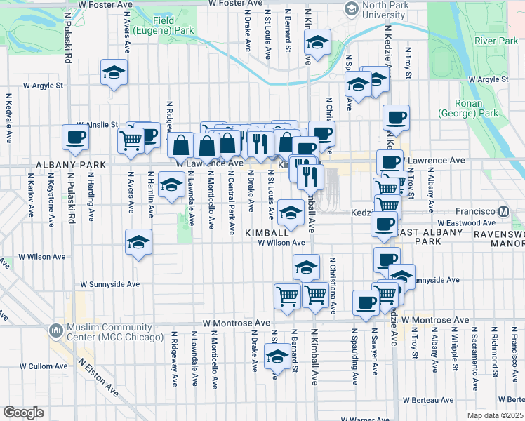 map of restaurants, bars, coffee shops, grocery stores, and more near 4622 North Drake Avenue in Chicago
