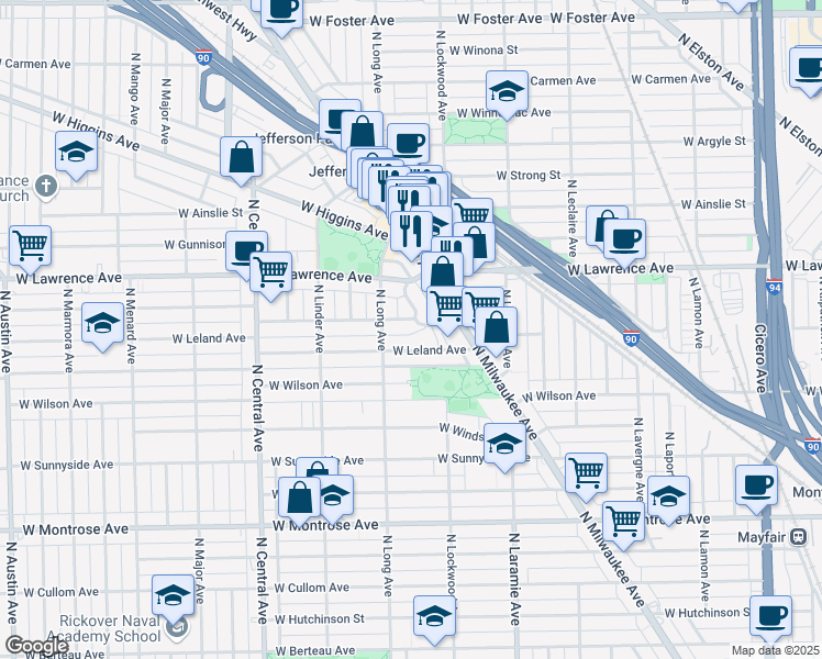 map of restaurants, bars, coffee shops, grocery stores, and more near 5351 West Leland Avenue in Chicago