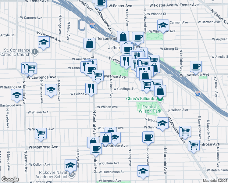 map of restaurants, bars, coffee shops, grocery stores, and more near 5459 West Leland Avenue in Chicago
