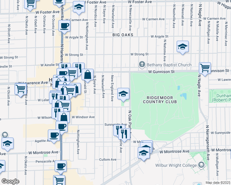 map of restaurants, bars, coffee shops, grocery stores, and more near 4628 New England Avenue in Harwood Heights