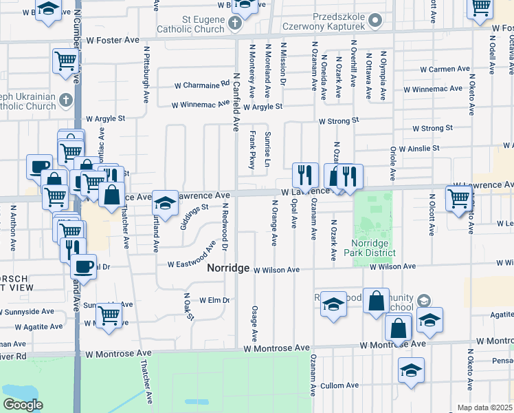 map of restaurants, bars, coffee shops, grocery stores, and more near 4750 North Orange Avenue in Norridge