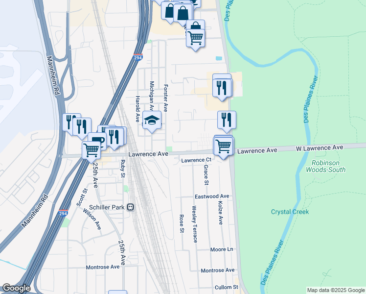 map of restaurants, bars, coffee shops, grocery stores, and more near 9514 Lawrence Court in Schiller Park